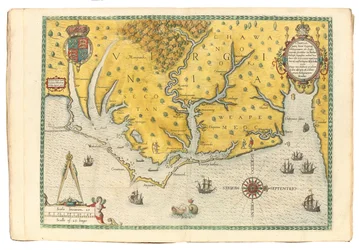 Kort over Virginia, der viser ankomsten af Sir Walter Raleighs ekspedition i 1585, 1590