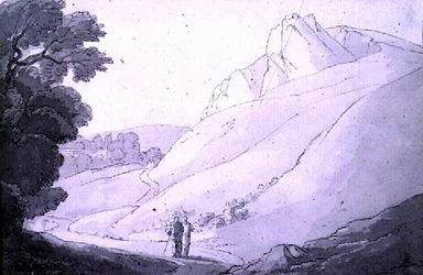 Et bakkelandskab med to figurer (pen, blæk og akvarel)