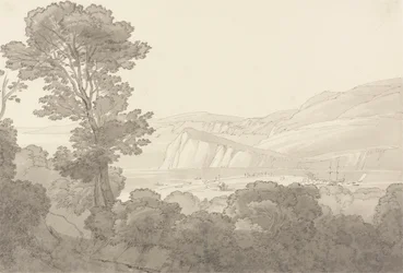 Udsigt fra en skov, med udsigt over floden og bakkerne ved Teignmouth, Devon