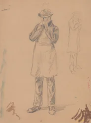 Karikatur af ham selv og af E. A. Abbey (recto); To studier af en stående mand (verso)
