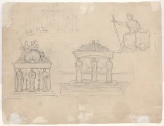 Studier af klassiske tempelfacader og siddende kvindefigur [verso]