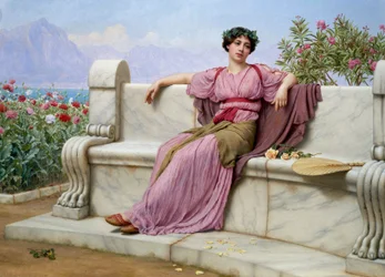 "Tranquillity" En ung kvinde klædt på antik vis sidder på en marmorbænk i en have med et drømmende blik i øjnene. Maleri af John William Godward (1861-1922)
