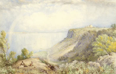 Udsigt over Hudson-floden fra Palisades, New York, med regnbue, 1873 Akvarel, grafit og lidt gouache på papir, lagt på kort