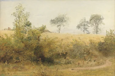 Flagermusen begynder med svimlende vinge - Bygmark over hækken, 1885 (wc & blyant med ridser ud på papir)