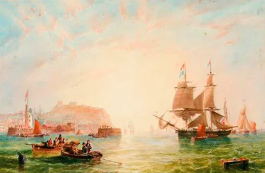 En handelsbrig og andre skibe ved indgangen til Scarborough