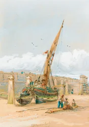 Fiskere, der sladrer foran et strandet fartøj, 1846