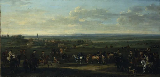 Et billede af Old Newmarket med figurer og heste på heden (olie på lærred)