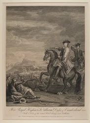 H.R.H. William (1721-65) hertug af Cumberland med udsigt over den drevne hær nær Culloden, 1746, udgivet af B. Baron, 1747