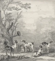 Hunde i et landskab (grafit, kuglepen, brun blæk og grå vask)