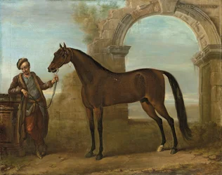 Godolphin Arabien, holdt af en brudgom, i et landskab med en ødelagt bue, 1731