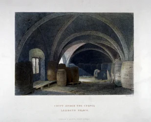 Krypten fyldt med tønder under kapellet ved Lambeth Palace, London, 1851.