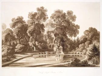 Udsigt over Temple Fountain and Cave, Sezincote, indgraveret af Frederick Christian Lewis Snr. (1779-1856), ca. 1817-18 (sepia aquatint) (se også 171663)