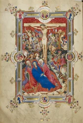 Korsfæstelsen, der introducerer messens kanon. Kristus på korset, flankeret af tyve, besvimende Jomfru støttet af kvinder og St. John, Magdalene ved foden af korset. Skare af monterede tilskuere i moderne kjole, inklusive Longinus, med engle ovenover