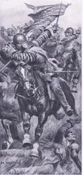 Løjtnant John Smith genindtager kongens standart ved Edgehill, 23. oktober 1642, illustration fra British Battles on Land and Sea, 1915