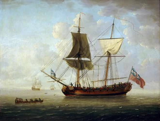 En britisk brigantine med det røde flag og Union Jack på et roligt hav. Olie på lærred