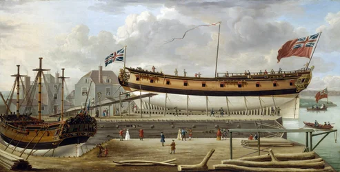 Et skib af sjette rang (sjette rang), et britisk krigsskib fra Royal Navy, i tørdok, skibsværftet er sandsynligvis det i Rotherhite, på Themsens sydlige bred (England)