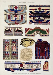 Illustrationer af malede mønstre fra mumiernes indpakninger, Hypogees, Theben, planche 58 fra bind II af "Beskrivelser af Egypten", graveret af Willemin, 1822 (akvaratint)
