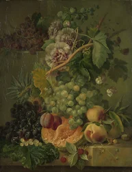 Stilleben med blomster og frugter