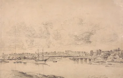 Southampton og Northam fra floden Itchen (grafit på medium, let tekstureret, blåt hvidt vævet papir lagt til medium, moderat tekstureret, beige vævet papir)