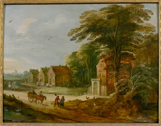 Rejsende, der passerer gennem en landsby (olie på panel)