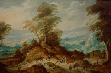 Bjerglandskab med et jagtselskab