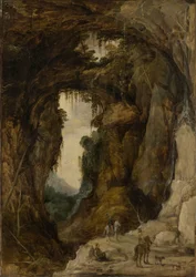 Landskab med grotte og en rytter