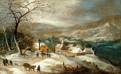 Vinterlandskab med figurer på en vej ved en landsby
