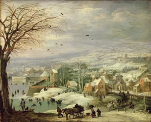 Landsbylandskab om vinteren, ca. 1615-20 (olie på kobber