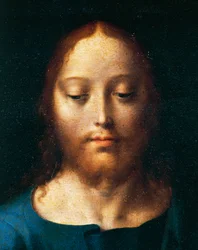 Kristi ansigt, Den sidste nadver, detalje af alteret for aflejringen, detalje fra kirken for den lille brødre i Genova, Italien. ca. 1520