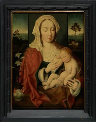 Hellig jomfru med sovende Jesusbarn (olie på panel)