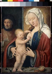 ""Den Hellige Familie"" (Den Hellige Familie) Jesusbarnet leger med sin mors bryst. Maleri af Joos van Cleve (Cleef) (ca. 1485-1540) 1500-tallet Dim. 42,5x31,5 cm Sankt Petersborg. Eremitagemuseet