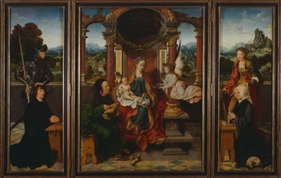 Den hellige familie, ca 1530, af Joos Van Cleve (1485-1540), triptykon. Belgien