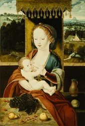 Madonnaen og barnet, siddende under en baldakin, ved et bord med frugt, i et landskab,