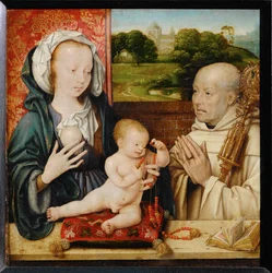 Jomfru og barn med Sankt Bernhard af Clairvaux. I baggrunden ses klosteret i Cluny ...