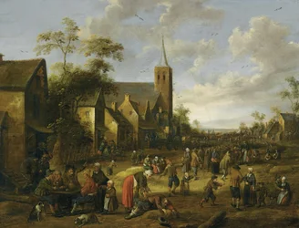 En travl landsbystrækning med mange figurer, bønder, der spiser og drikker ved et bord i forgrunden, et kirketårn bagved