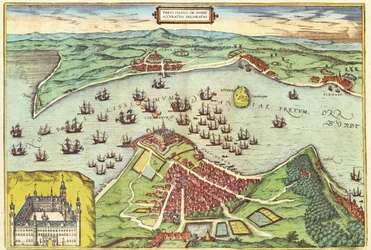 Helsingør, Danmark, fra Amerikas Forenede Stater af Georg Braun (1541-1622) og Frans Hogenburg (1535-90), ca. 1572