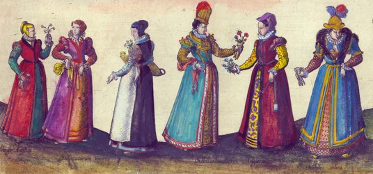 Engelske kvinder fra den Elizabethanske æra, 1598 (håndfarvet kobberstik)