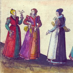 Engelske kvinder fra den elizabethanske æra, 1598 (håndkoloreret kobberstik)