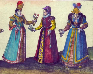 Engelske kvinder fra den elizabethanske æra, 1598 håndfarvet kobberstik detalje af 324184