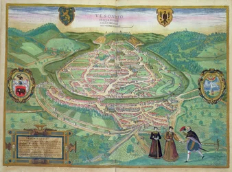 Kort over Besancon, fra "Civitates Orbis Terrarum" af Georg Braun (1541-1622) og Frans Hogenberg (1535-90), 1575 (farvestik)