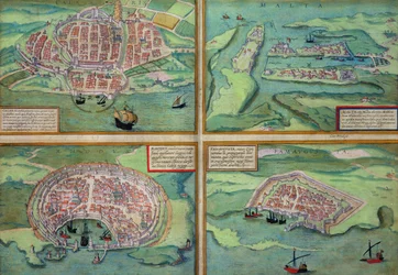 Kort over Calais, Malta, Rhodos og Famagusta, fra "Civitates Orbis Terrarum" af Georg Braun (1541-1622) og Frans Hogenberg (1535-90), ca. 1572