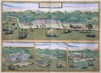 Kort over Calicut, fra „Civitates Orbis Terrarum“ af Georg Braun (1541-1622) og Frans Hogenberg (1535-90), ca. 1572