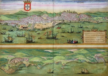 Kort over Lissabon og Cascais, fra «Civitates Orbis Terrarum» af Georg Braun (1541-1622) og Frans Hogenberg (1535-90), ca. 1572