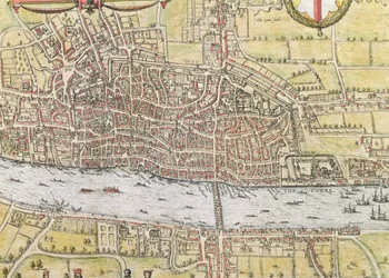 Kort over London, fra "Civitates Orbis Terrarum", af Georg Braun (1542-1622) og Frans Hogenburg (1635-90),ca.1572