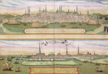 Kort over Lübeck og Hamburg, fra „Civitates Orbis Terrarum“ af Georg Braun (1541-1622) og Frans Hogenberg (1535-90), ca. 1572
