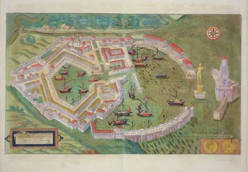 Kort over Ostia, fra "Civitates Orbis Terrarum" af Georg Braun (1541-1622) og Frans Hogenberg (1535-90), ca. 1572-1617