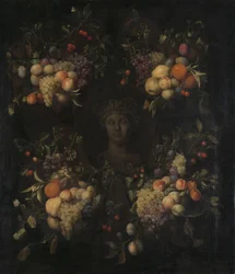 Simuleret skulptureret hoved af en kvinde i en kartouche dekoreret med swags of fruit