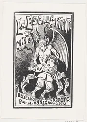 En dæmon holder en ung dreng ved sine skuldre over en gruppe gribbe, illustrati..., ca. 1880-1910.