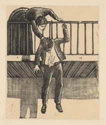 En kvinde opdager en mand, der har begået selvmord ved at hænge sig i en bjælke, ca. 1900-1910