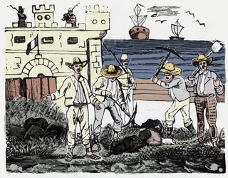 Den mexicanske revolution (1910-1920): Grupper af fanger ved magtarbejde - Xylografi af Jose Guadalupe Posada (1852-1913)